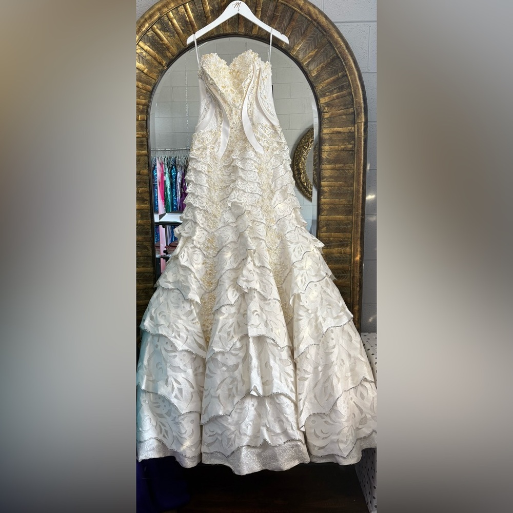 VIP Ivory Formal Gown with Layered Skirt and Unique Details